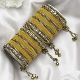 Zeneme Gold Plated Matte Finish Yellow Velvet CZ Studded Bangles for Women Set of 56-picture-37