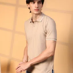 Campus Sutra Beige Regular Fit Self Pattern Polo T-Shirt image 3