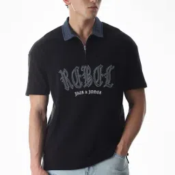 Jack & Jones Jet Black Oversized Printed Polo T-Shirt-picture-36