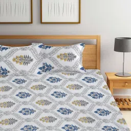 Klotthe Printed White & Blue 300 TC Cotton Blend King Bed Sheet with 2 Pillow Covers image 2