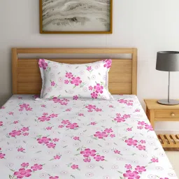 Klotthe Floral White & Pink 300 TC Cotton Blend King Bed Sheet with 2 Pillow Covers image 2