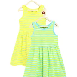 Campana Kids Yellow & Green Cotton Striped Dress-picture-38