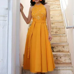 Okhai Star Lily Yellow Pure Cotton Hand Embroidered Maxi Dress-picture-28