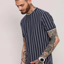 showoffff Showoff Navy Blue Cotton Slim Fit Stripes T-Shirt image 3