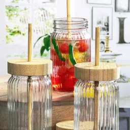Goodhomes Transparent Glass Driking Bottle With Wooden Lid & Straw (0.45 L) - Set of 3-image-22