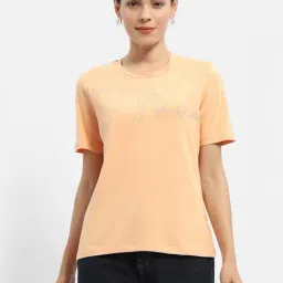 MADAME Peach Cotton Embellished T-Shirt-image-32