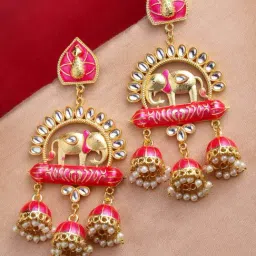 Panash Pink & White Gold Plated Animal Shaped Kundan Jhumki Earrings-picture-39