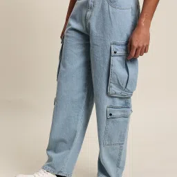 Bene Kleed Blue Cotton Loose fit Solid Cargo Jeans image 3