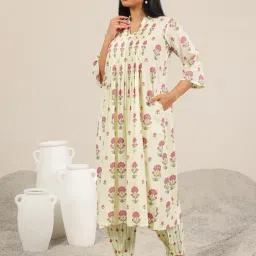 Libas Off White Cotton Floral Kurta and Pant image 3