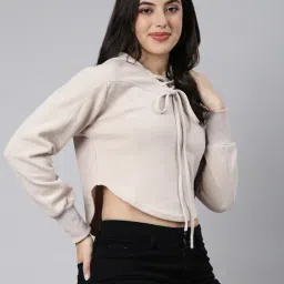SHOWOFF Beige Relaxed Fit Crop Hoodie-image-3