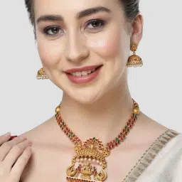 Karatcart Gold-Plated Peacock and Laxmi Mata Long Temple Jewellery Set for Women-image-22