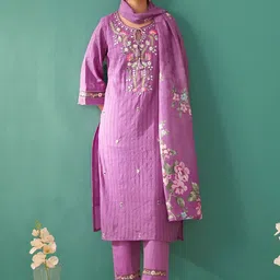 Indo Era Women Floral Embroidered Regular Thread Work Pure Cotton Kurta with Trousers & With Dupatta image 2