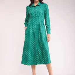 Fablestreet Green & White Printed Shirt Dress-image-4