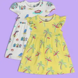 MINIKLUB Kids Yellow & White Printed Dress (Pack Of 2)-picture-21