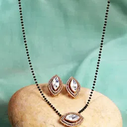 Abdesigns Gold Plated Black Beaded Polki & Diamond Mangalsutra & Earrings Set-image-16