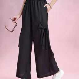 DressBerry Women Mid-Rise Flared Fit Cargo-Style Wide Leg Trousers with Bow Detail-image-3