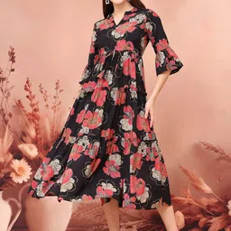 OTABU Floral Printed Bell Sleeves Tiered Fit and Flare Midi Dress-picture-31