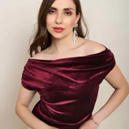 Globus Women Maroon One Shoulder Gathered Detail Velvet Party Top-picture-13