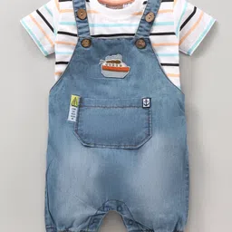 Little Kangaroos Half Sleeves T-shirt & Denim Dungaree Set- Blue (Patch Design May Vary)-image-13