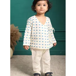 Polka Tots 100% Super Soft Cotton Full Sleeves Elephant Printed Front Open Angrakha Kurta Pajama Set - Cream-image-10