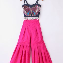 Twisha Sleeveless Beaded Butterfly Embroidered And Sequin Danglers  Detailed Denim Top With Self Designed Palazzo - Blue & Pink-picture-10