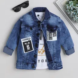 Ministitch Full Sleeves Patch Detailed Denim Jacket With Text Printed Tee - Blue-picture-24