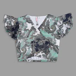 Actuel Frill Sleeves Floral Printed Crop Top - Green Blue & White-picture-12