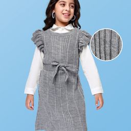Hola Bonita Full Sleeves Poplin Shirt with Textured Knit Fabric Sweater Dress - Grey-picture-34