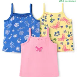 Babyoye Cotton Elastane Knit Sleeveless Slips With Floral & Butterfly Print Pack Of 3 - Pink Blue & Yellow-picture-25