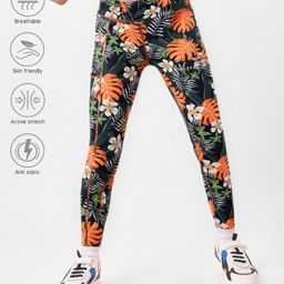 Pine Active Full Length Super Stretch Leggings with Floral Print- Black & Dark Green-picture-9
