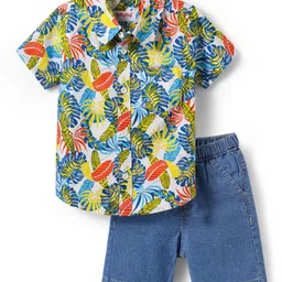Babyhug Cotton Woven Half Sleeves Shirt & Denim Shorts Set With Leaf Print - Blue-picture-22