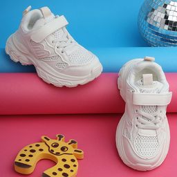 TRUFFLE COLLECTION Velcro Closure Mesh Detailed Solid Sneakers - White-picture-38