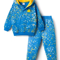 Babyhug Terry Knit Full Sleeves Hooded T-Shirt and Joggers with Smiley Print - Blue-picture-10
