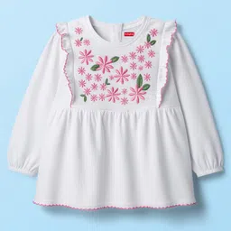 Babyhug 100% Cotton Knit Full Sleeves Top With Floral Embroidery - White-picture-14