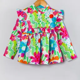 Hugsntugs Cotton Woven Full Sleeves Floral & Abstract Printed With Frill Detailed Top - Multi Colour image 1