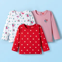 Babyhug 100% Cotton Knit Full Sleeves T-Shirts with Floral Print Pack of 3 - Red White & Pink-picture-27