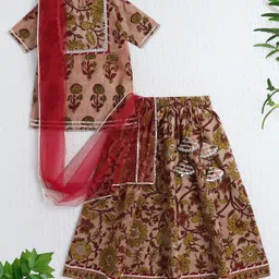 The Magic Wand Cotton Woven Half Sleeves Floral Printed & Gota Lace Embellished Kurti & Lehenga With Dupatta Set - Mustard-picture-19