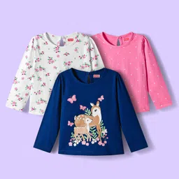 Babyhug 100% Cotton Single Jersey Knit Full Sleeves T-Shirt With Floral & Animal Print Pack Of 3 - Navy Blue Pink & White-picture-10