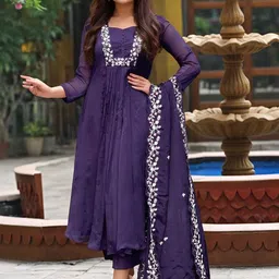 GoSriKi Embroidered Thread Work A-Line Kurta With Palazzos & Dupatta image 3