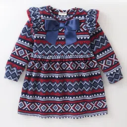 CrayonFlakes Polar Fleece Full Sleeves Jacquard Bands Designed Bow Detailed Dress With Leggings - Blue image 3