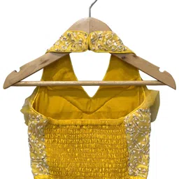 Twisha Woven Sleeveless Floral Embroidered Sequins Embellished Halter Neck Top & Dhoti Set - Yellow & White image 4