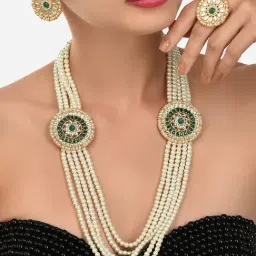 Zaveri Pearls Green Multi Layered Two Sided Brooch Long Necklace Earring & Ring Set-ZPFK12120-picture-40
