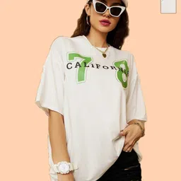 Dreambe Women 2 Printed V-Neck Extended Sleeves Applique T-shirt-picture-32