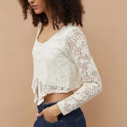 Ginger By Lifestyle Off White Cotton Regular Fit Self Pattern Top image 3