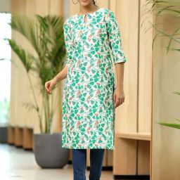 Libas White & Green Cotton Printed Straight Kurta-picture-7