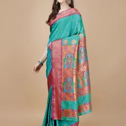 JUST FASHION Blue & Pink Zari Work Saree With Unstitched Blouse image 3