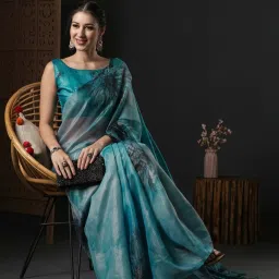 Saree Mall Blue Floral Print Saree With Unstitched Blouse image 3