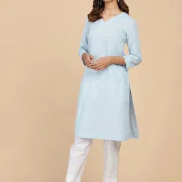 Fabindia Blue Cotton Printed Straight Kurta image 3