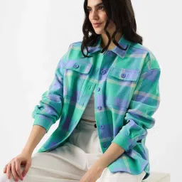 The Souled Store Green Cotton Chequered Shacket image 3