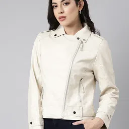 showoffff SHOWOFF Beige Regular Fit Biker Jacket image 3